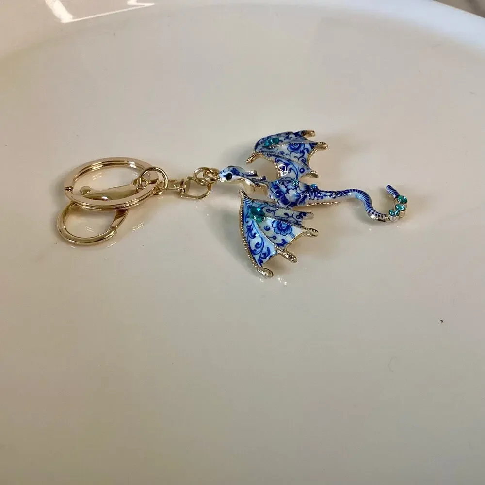 Blue and Gold Fantasy Western Dragon Keychain